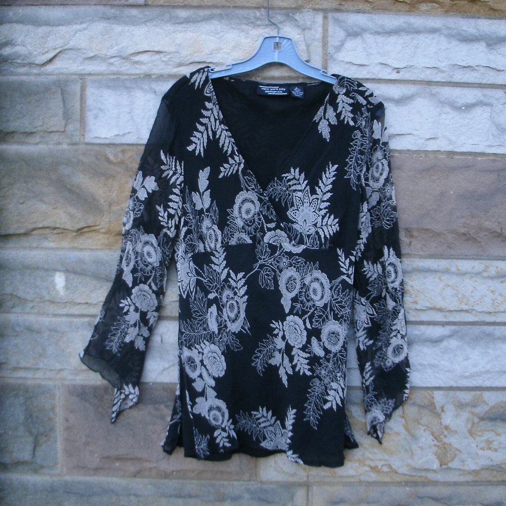 Womens Black Floral Long Sleeve Top Size L
